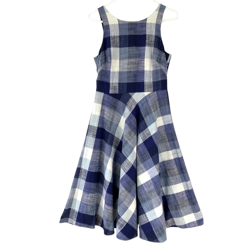 Eliza J Blue White Plaid Fit Flare Dress 4 Tie Back Boat Neck Sleeveless Midi